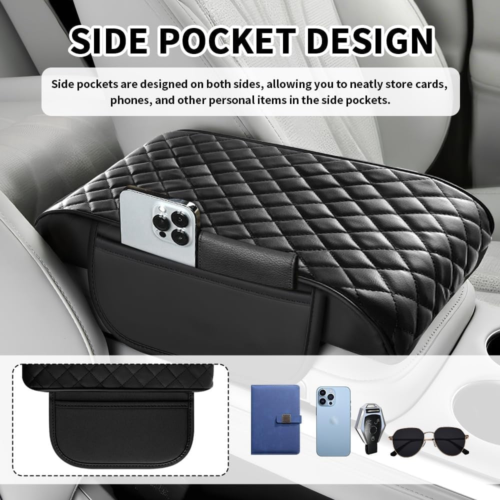 Thickened Car Center Console Cover with Side Pockets & Diamond Lattice Design