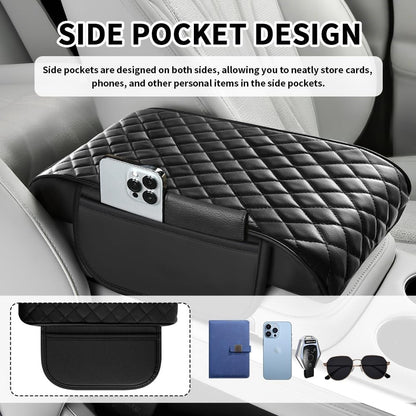 Thickened Car Center Console Cover with Side Pockets & Diamond Lattice Design