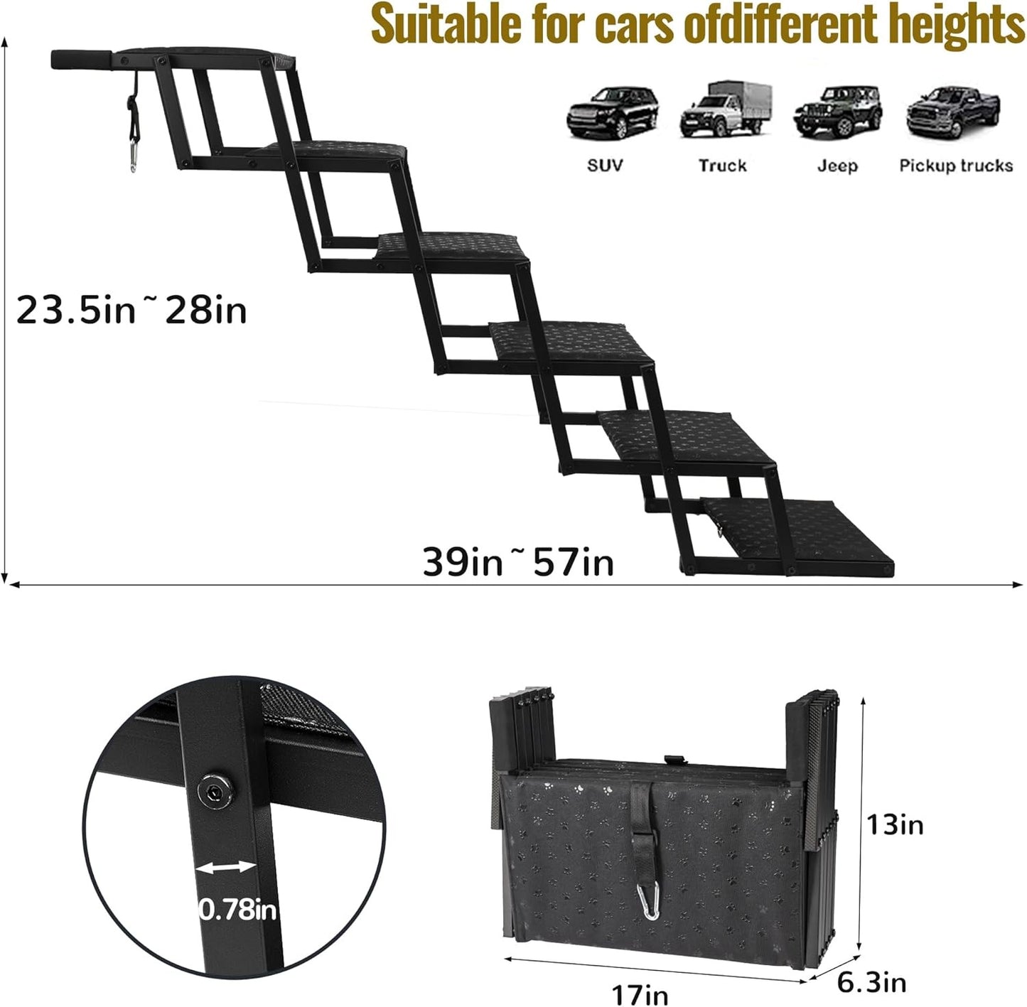 Dog Stairs for Car - Foldable Dog Ramps for Large Dogs with Non Slip 6 Steps