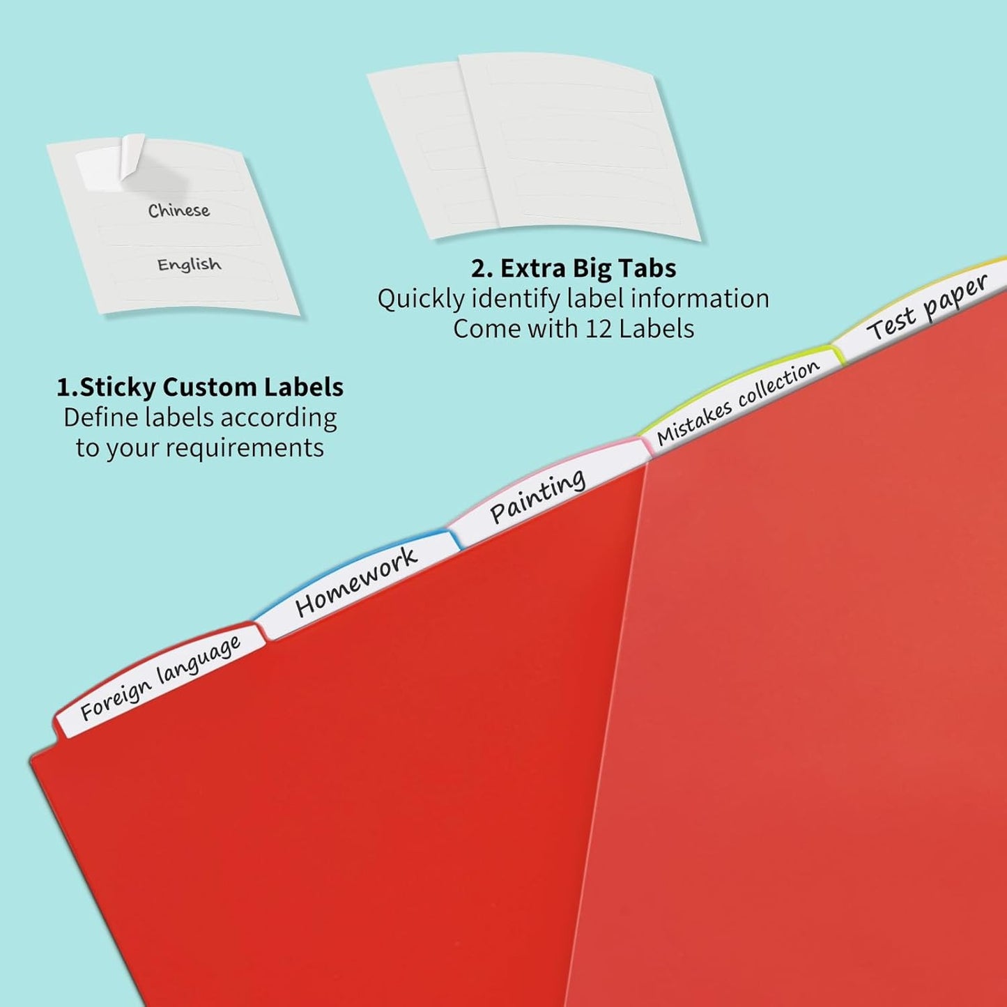 2 Sets 5-Tab Dividers with Front Clear Pocket, Plastic 3 Ring Binder Dividers