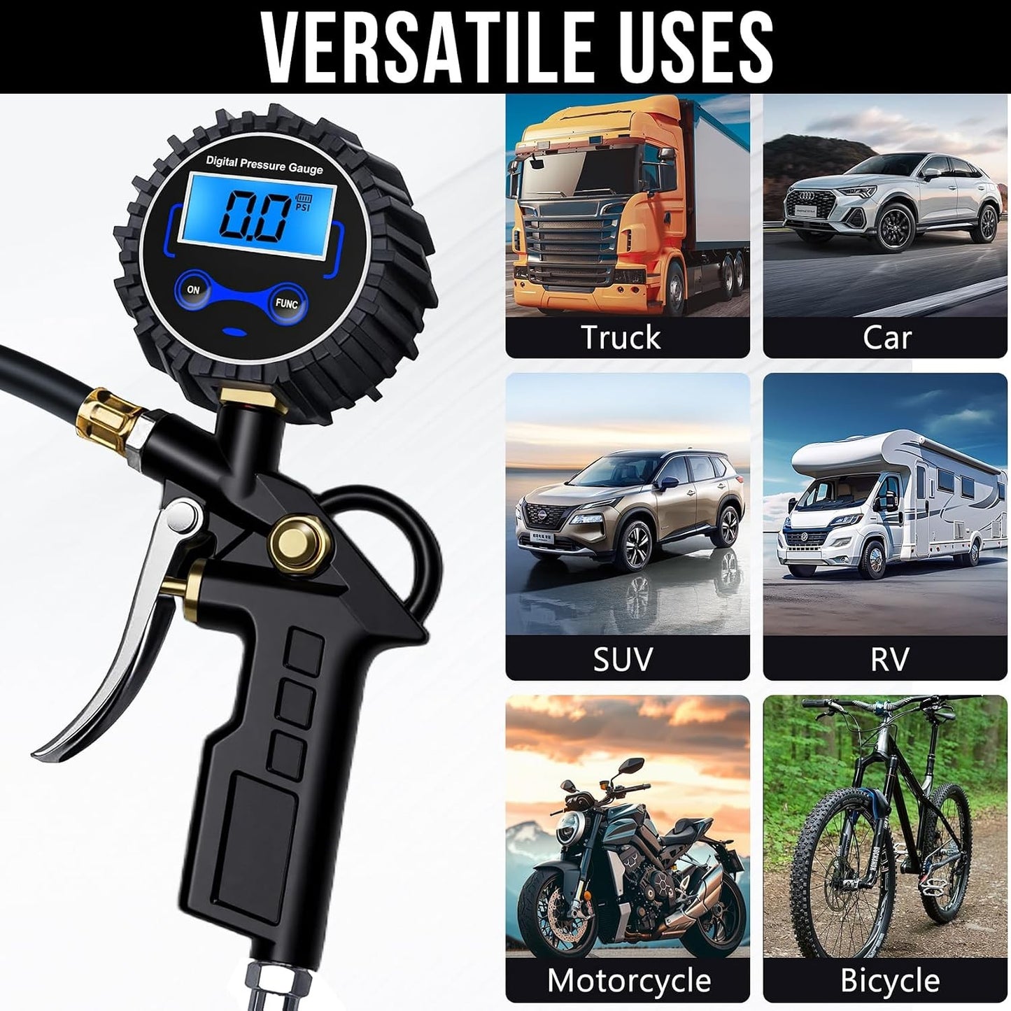 Digital Tire Pressure Gauge with Inflator, 3-250 PSI Air Compressor Accessories