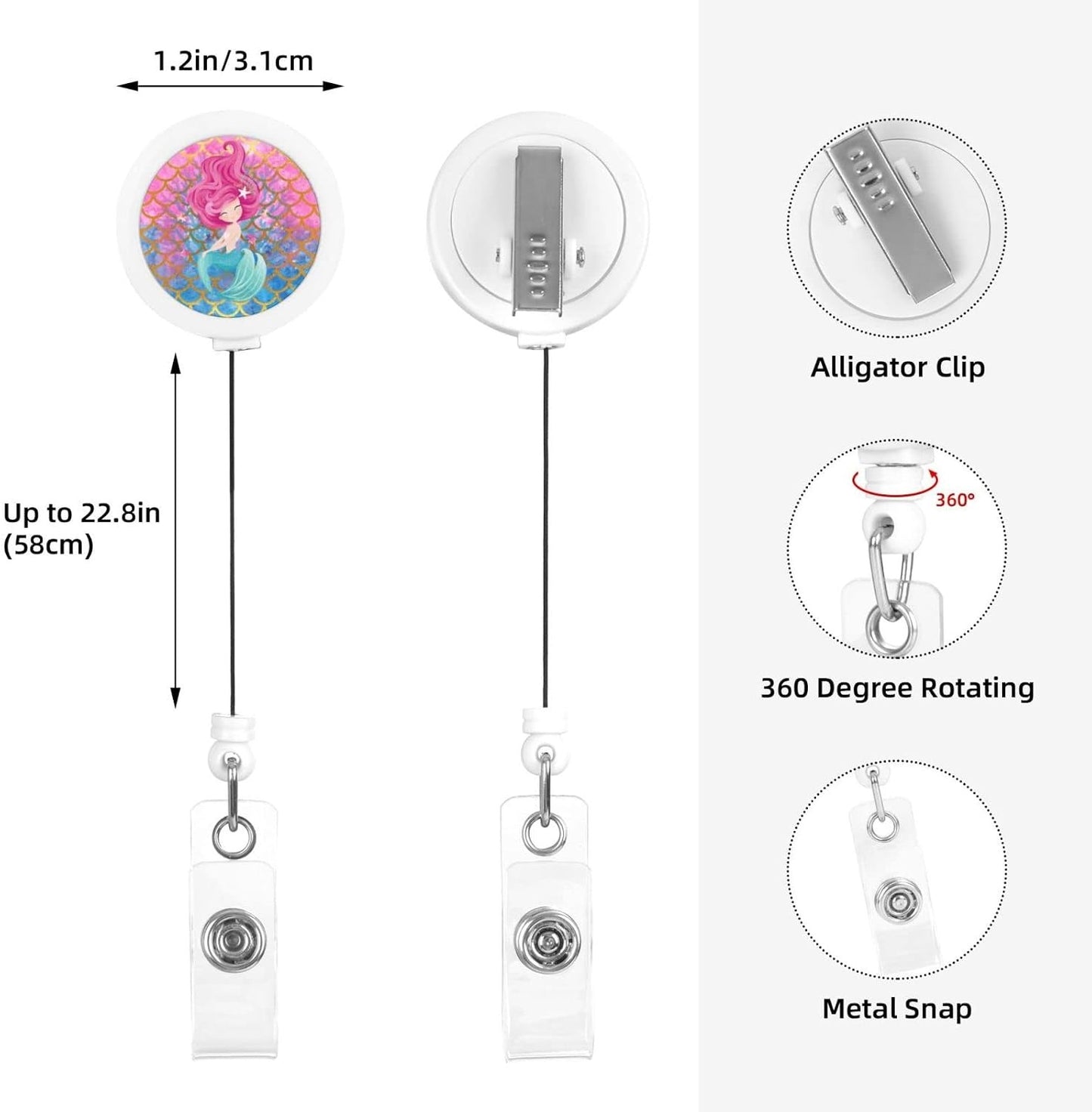 Mermaid Badge Holder with Lanyard and Retractable Reel with Clip for Office
