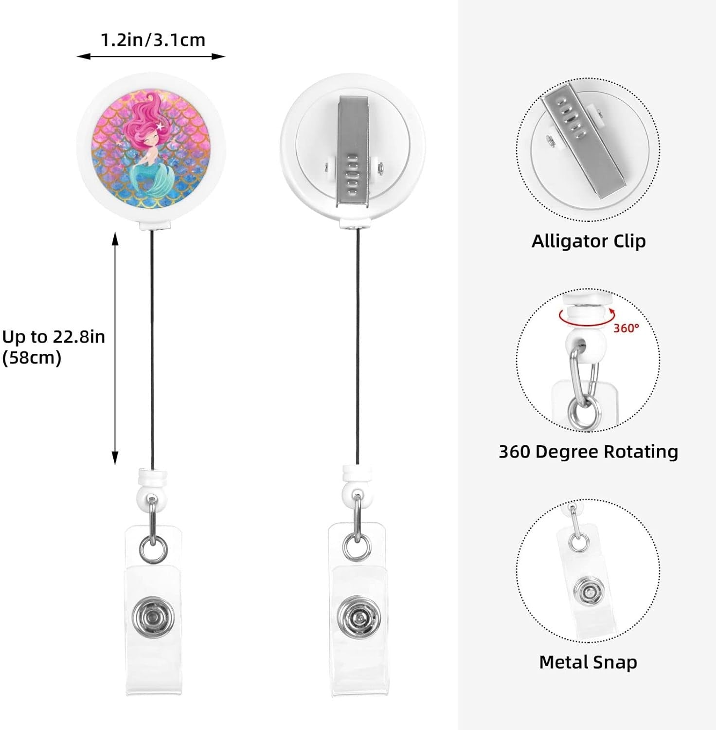 Mermaid Badge Holder with Lanyard and Retractable Reel with Clip for Office