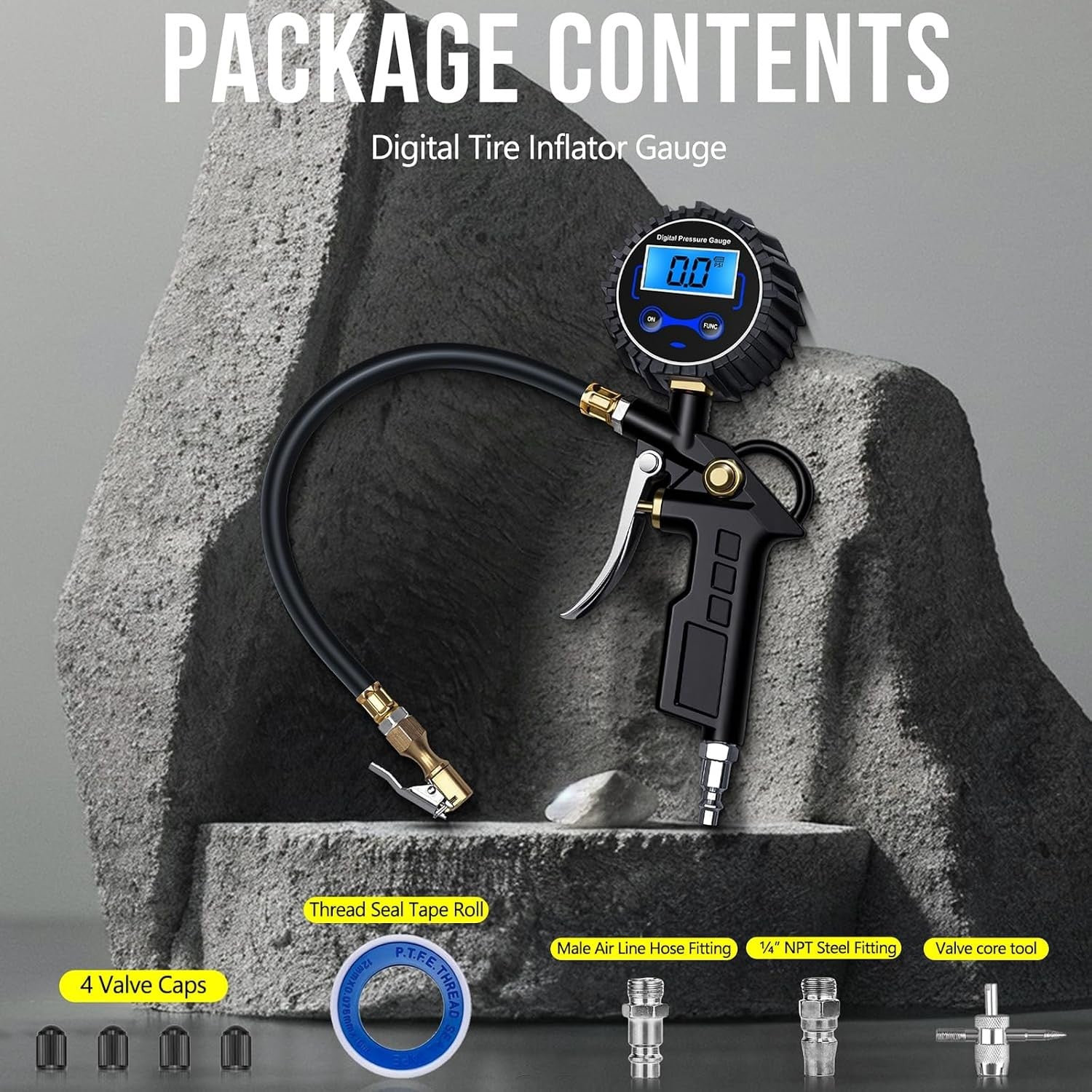 Digital Tire Pressure Gauge with Inflator, 3-250 PSI Air Compressor Accessories