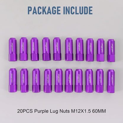 Purple 60MM Aluminum Extended Tuner Lug Nuts Replacement for Wheel M12X1.5 20PCS