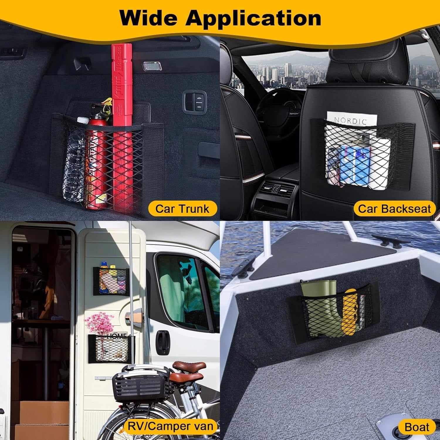 4Pcs Universal Car Storage Net Pockets Stretchable Automotive Mesh Pouch Nets