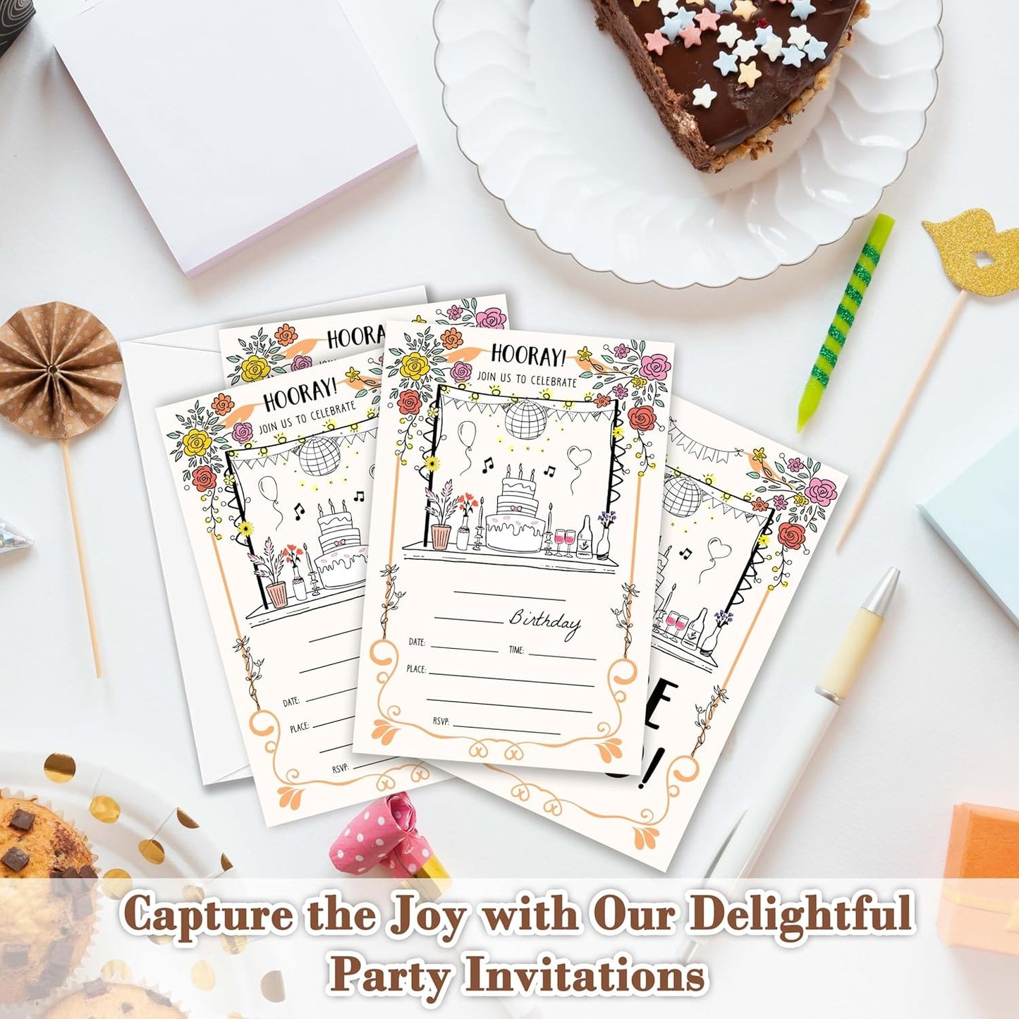 Scribble Birthday Invitations, Set of 20 Bday Invites with Envelopes, Hand Drawn