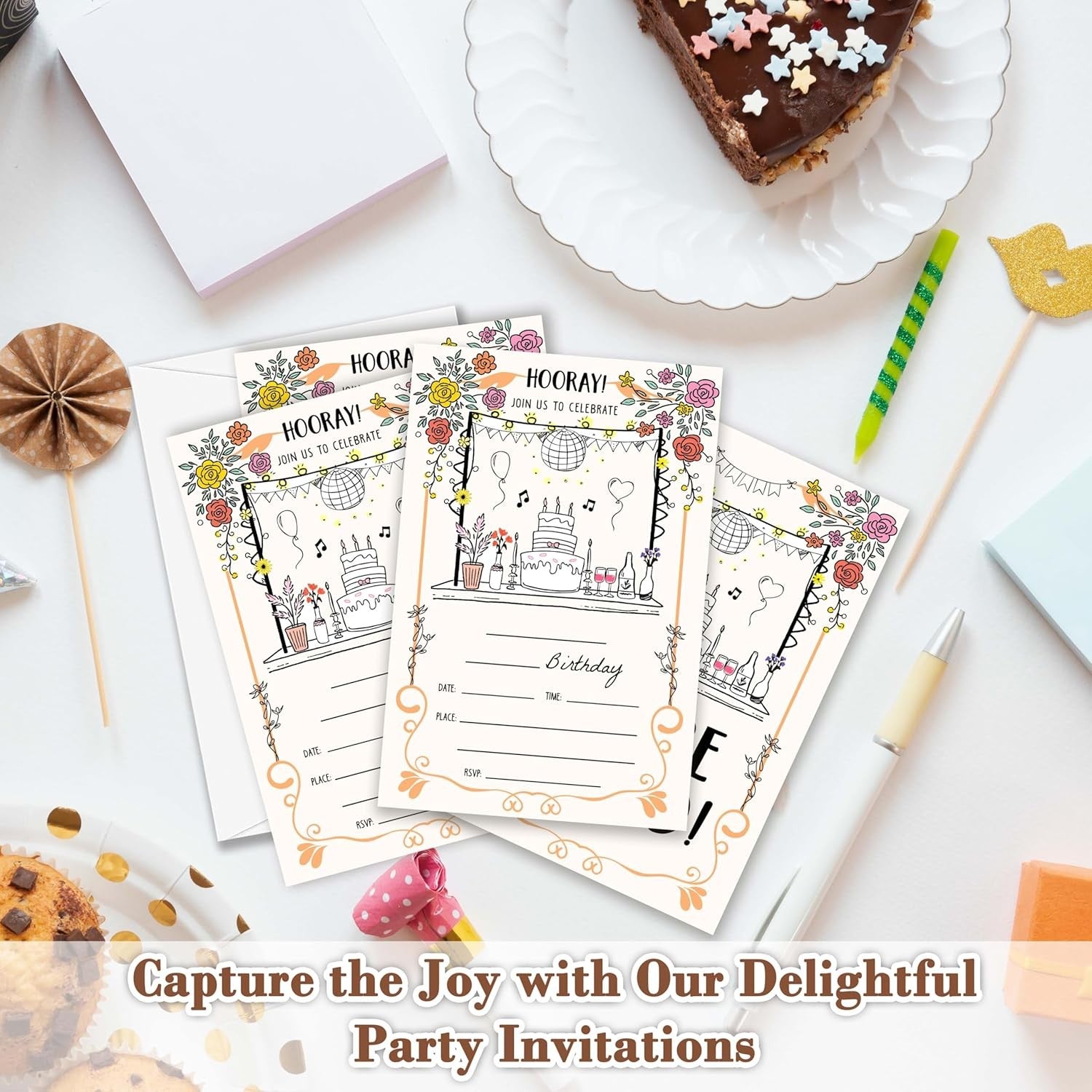 Scribble Birthday Invitations, Set of 20 Bday Invites with Envelopes, Hand Drawn