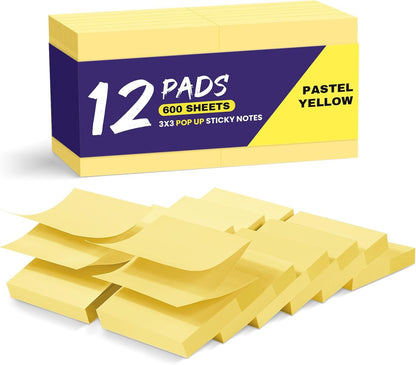 Pop Up Sticky Notes, 12 Pads, 3x3 inches, Yellow Self-Stick Note Pads Yellow