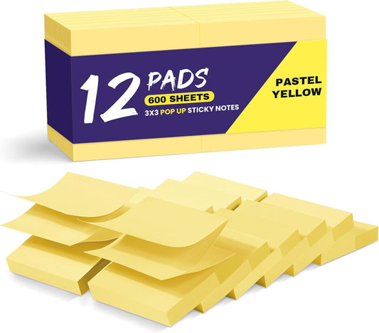 Pop Up Sticky Notes, 12 Pads, 3x3 inches, Yellow Self-Stick Note Pads Yellow