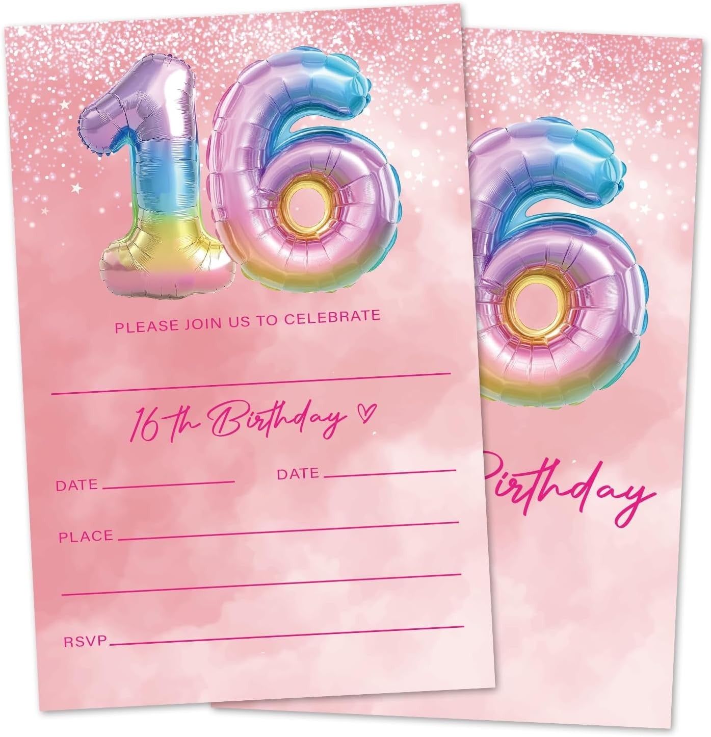 Pink Birthday Invitations Girl, Glitter 16th Birthday Party Invites, Rainbow