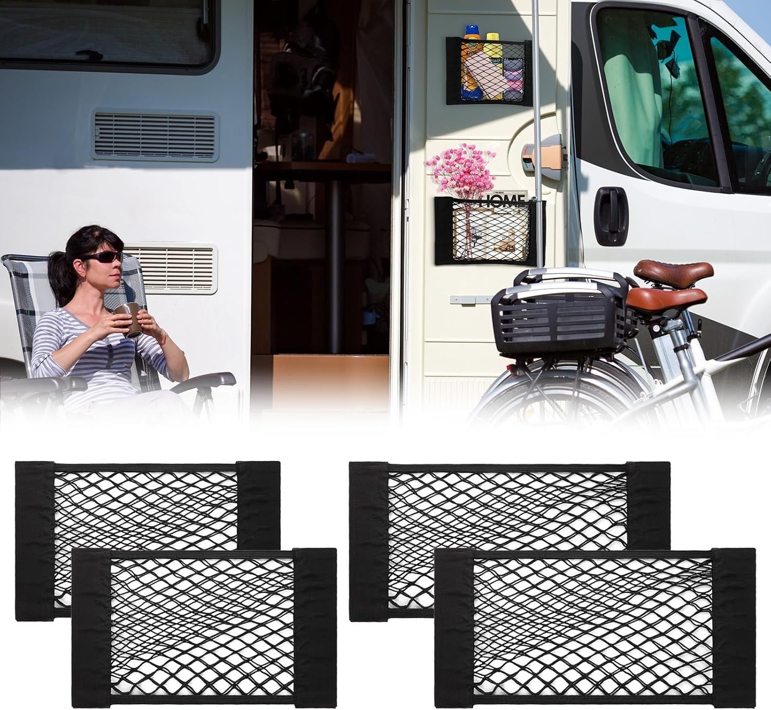 4Pcs Universal Car Storage Net Pockets Stretchable Automotive Mesh Pouch Nets
