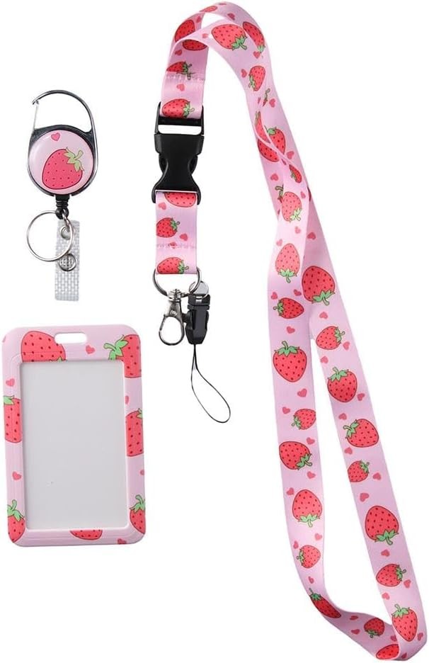 Pink Strawberry ID Badge Holder with Lanyard and Retractable Badge Reel Clip