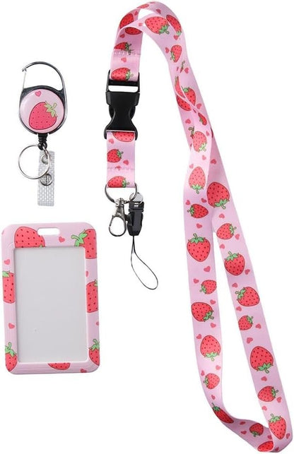 Pink Strawberry ID Badge Holder with Lanyard and Retractable Badge Reel Clip