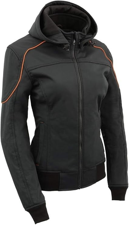 MPL2764 Women's Black Soft Shell Armored Motorcycle Racing Style Jacket Hoodie