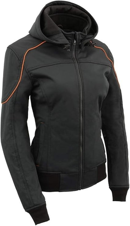 MPL2764 Women's Black Soft Shell Armored Motorcycle Racing Style Jacket Hoodie