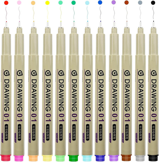 01 Micro Fineliner Drawing Art Pens, 12 Colors 0.25mm Extra Fine Point Pens