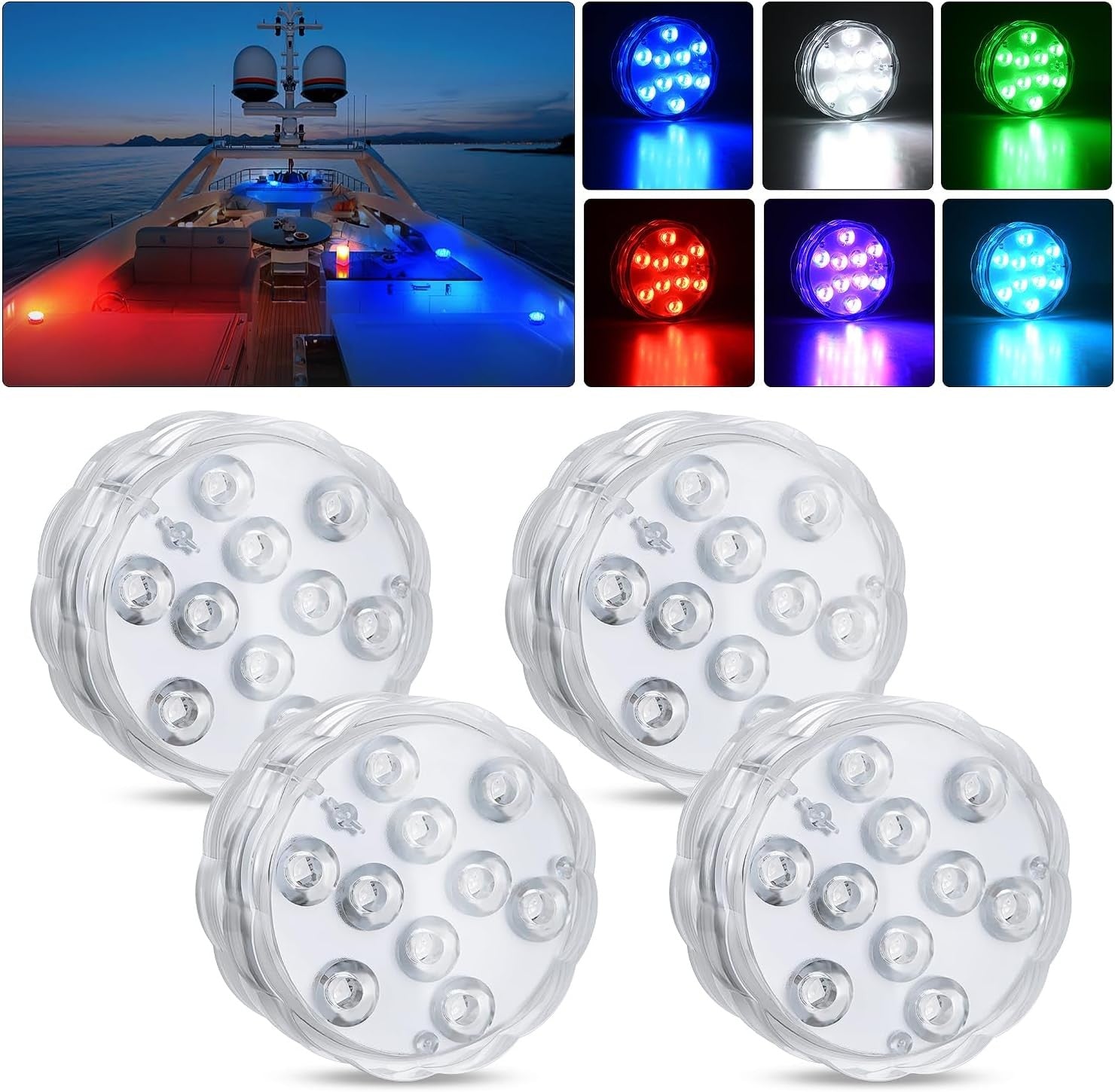 Marine Boat Light 4 PCS 10LED RGB Wireless Cabin Ambiance Multi Color Exterior