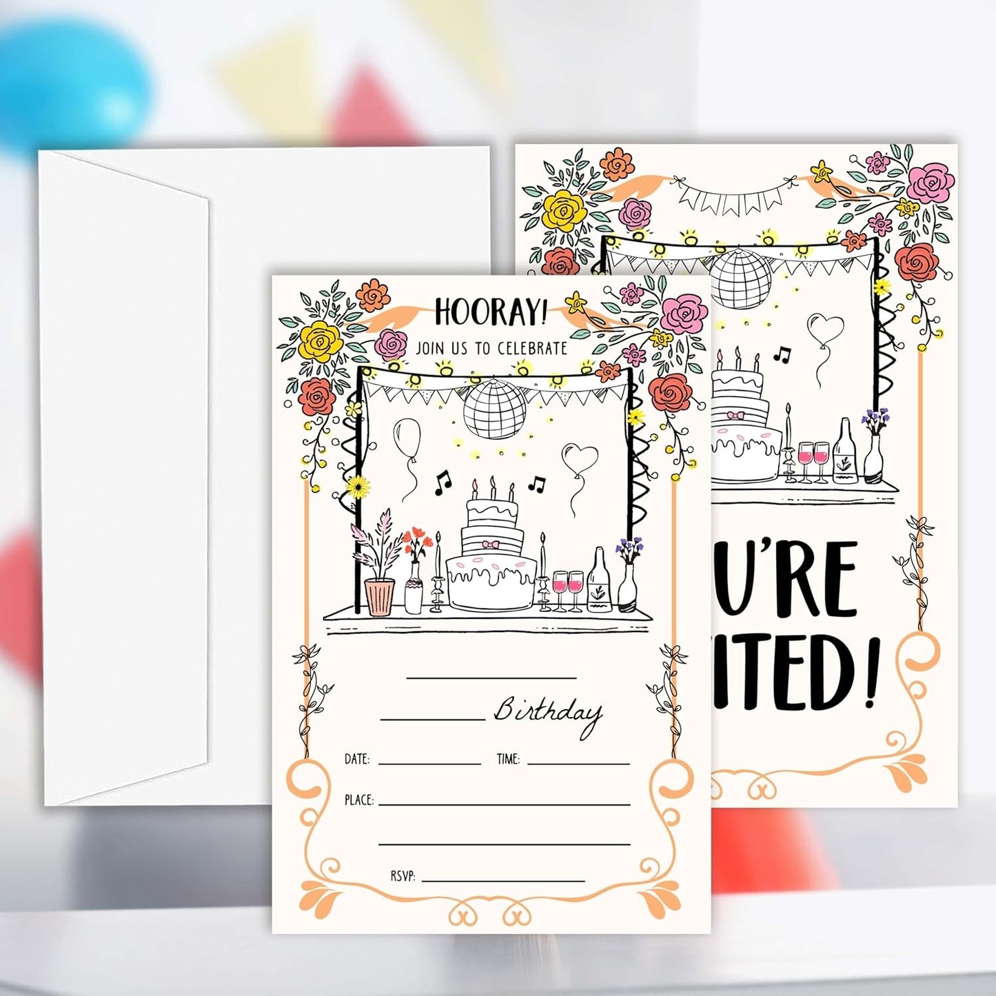 Scribble Birthday Invitations, Set of 20 Bday Invites with Envelopes, Hand Drawn
