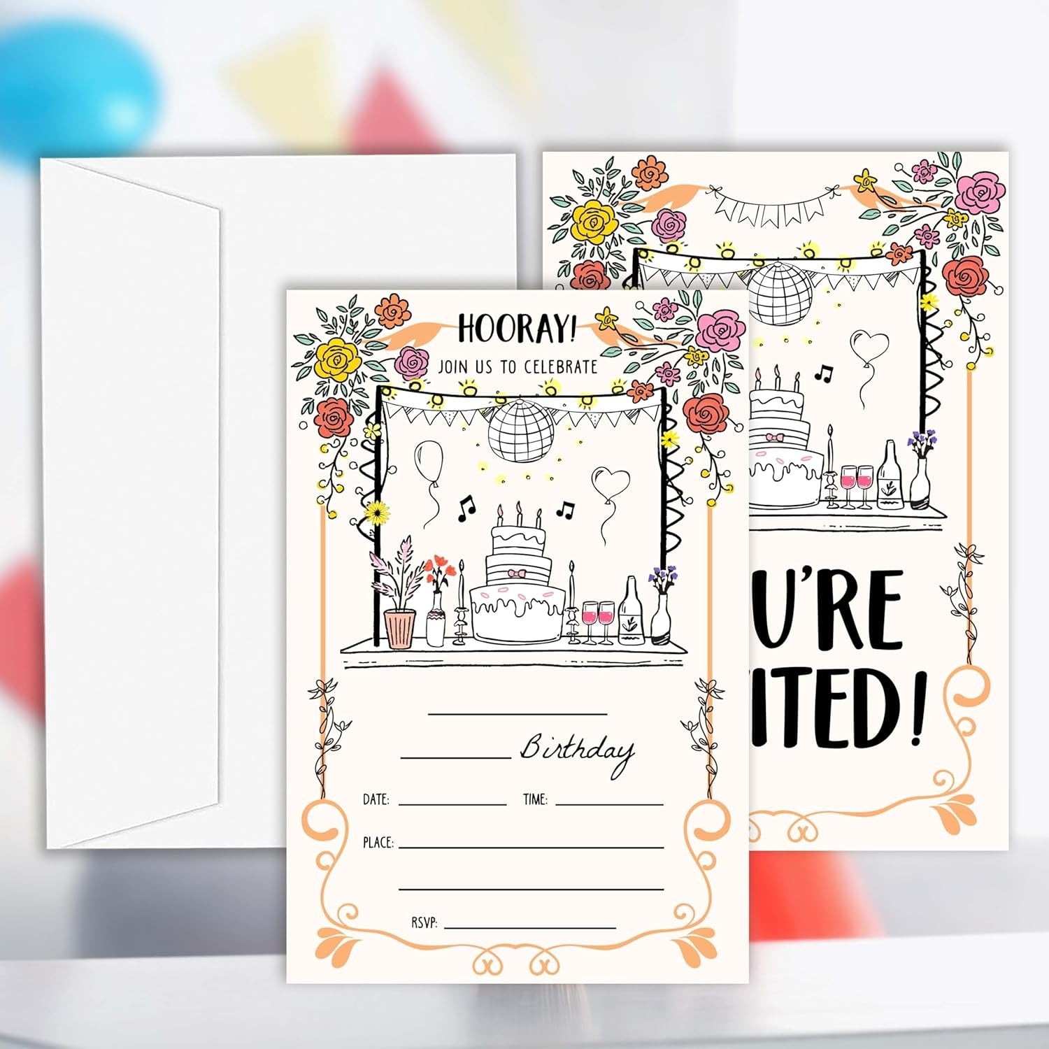 Scribble Birthday Invitations, Set of 20 Bday Invites with Envelopes, Hand Drawn