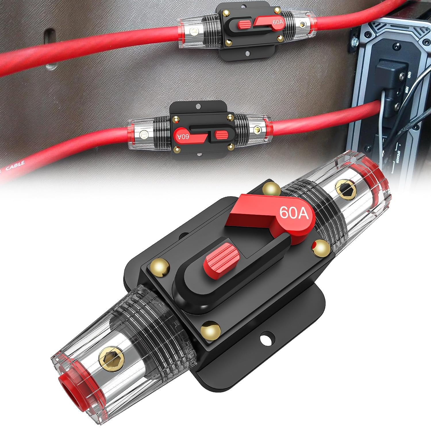 60A Inline Circuit Breaker Resettable 12-24V DC Manual Reset Fuse Holder 3-15AWG