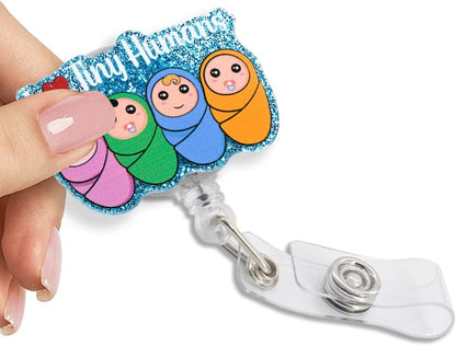 I Love Tiny Humans Retractable Blue Glitter Badge Reel with Clip, Funny Swaddled