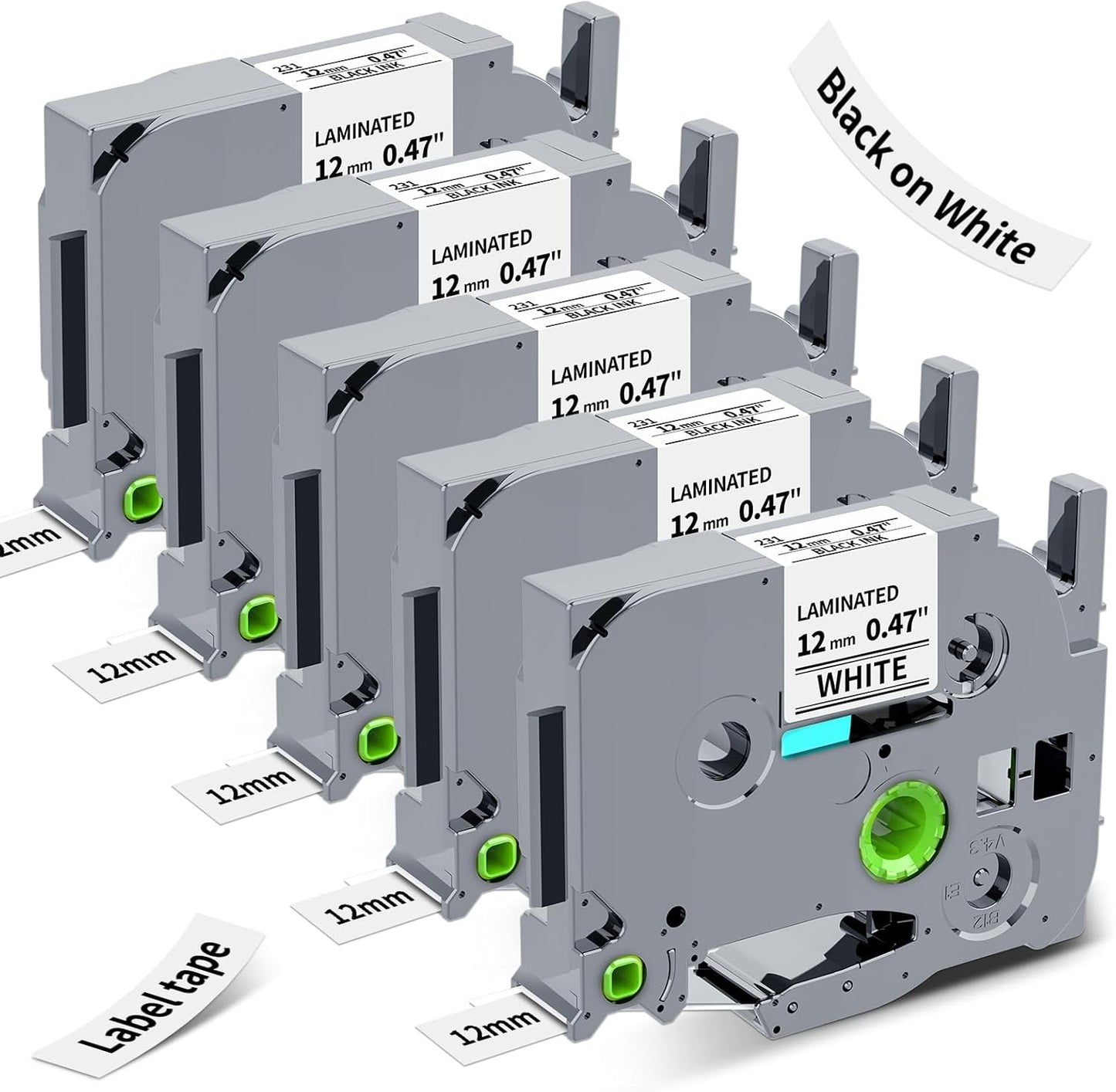 5-Pack TZe-231 Label Tape, 12mm Black on White for Brother Label Makers