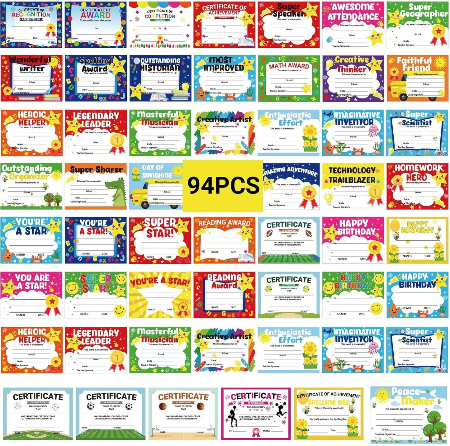 94Pcs Student of Award Certificates End of School Random style shipping Softball