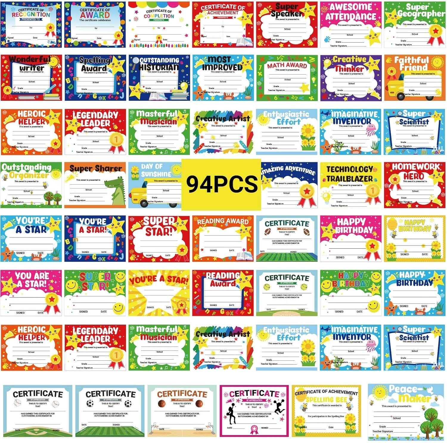 94Pcs Student of Award Certificates End of School Random style shipping Softball
