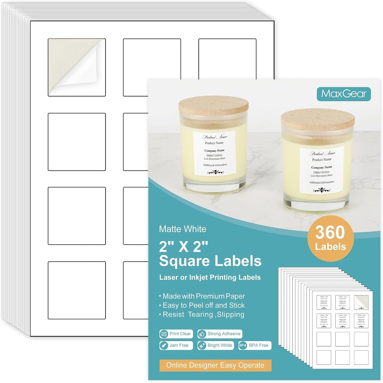 2" x 2" Square Labels, for Inkjet or Laser Printer Matte White Printable Sticker