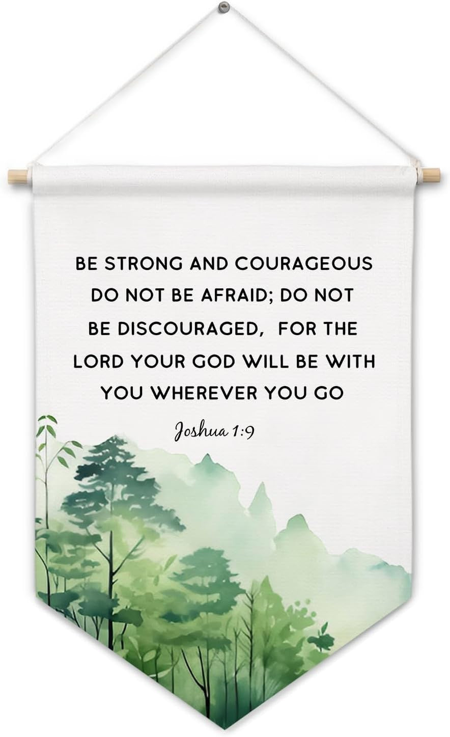 Christian Wall Canvas Banners, Joshua 1:9 Bible Verse Scripture Forest Hanging