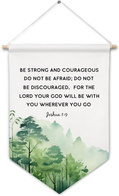 Christian Wall Canvas Banners, Joshua 1:9 Bible Verse Scripture Forest Hanging