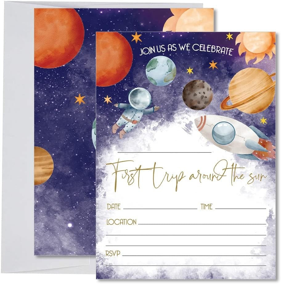 Space First Trip Around the Sun Birthday Invitation for Baby Boy 20 PCS