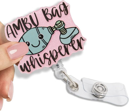 Ambu Bag Whisperer Glitter Retractable Reel ID Card Clip, Funny Ambu Bag Badge