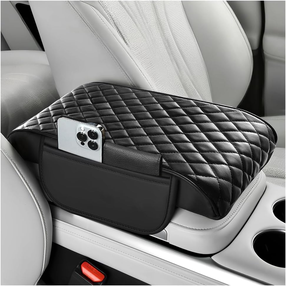 Thickened Car Center Console Cover with Side Pockets & Diamond Lattice Design