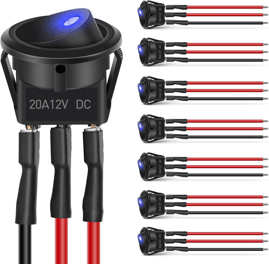 8PCS 12V 20A Round Blue Toggle LED Rocker Switch On-Off Control SPST 3Pins