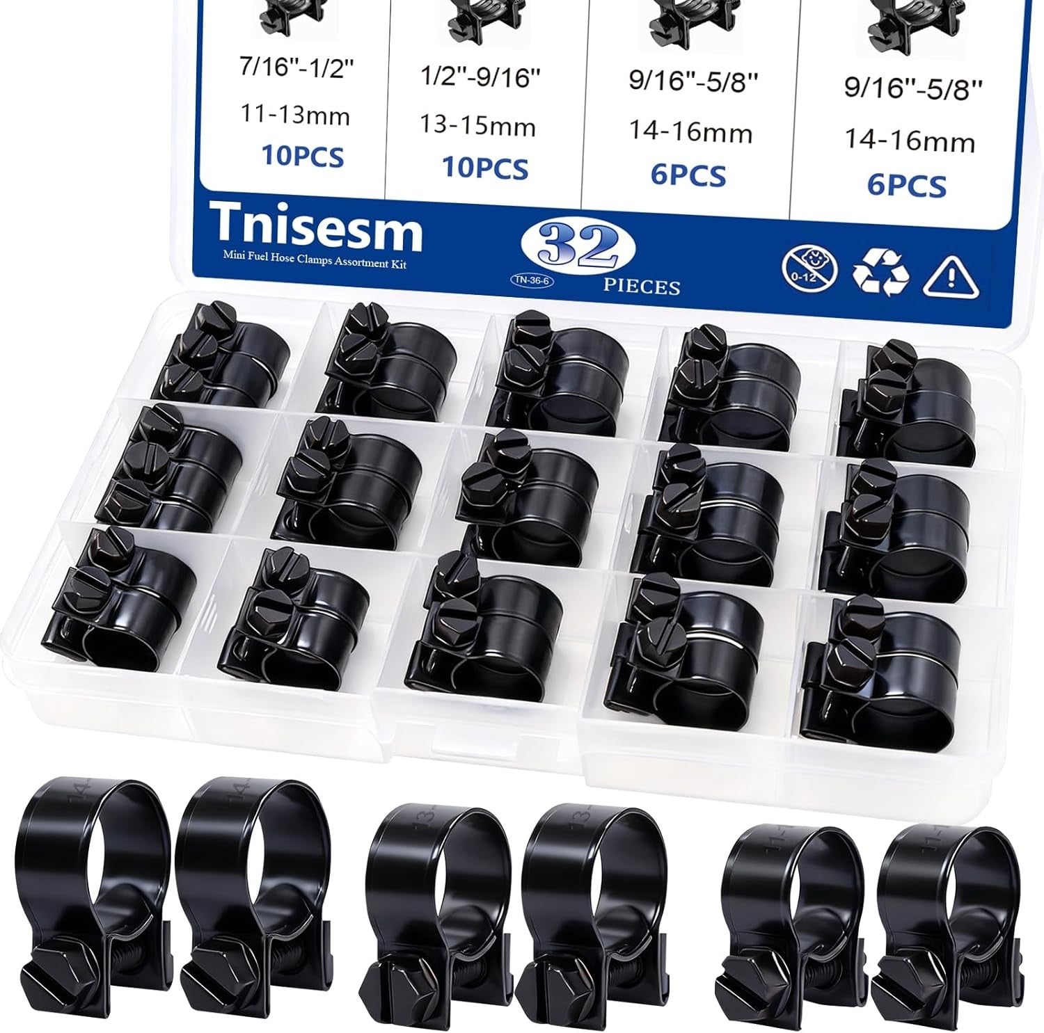 32Pcs 1/4" 5/16" 3/8" Fuel Injection Gas Line Hose Clamps Black Clip Pipe