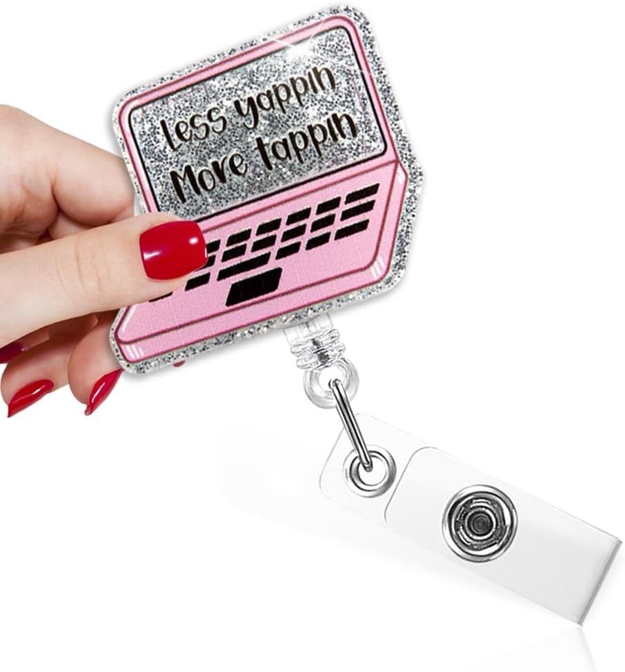 Less Yappin More Tappin Funny Pink Laptop Badge Reel with Silver Glitter