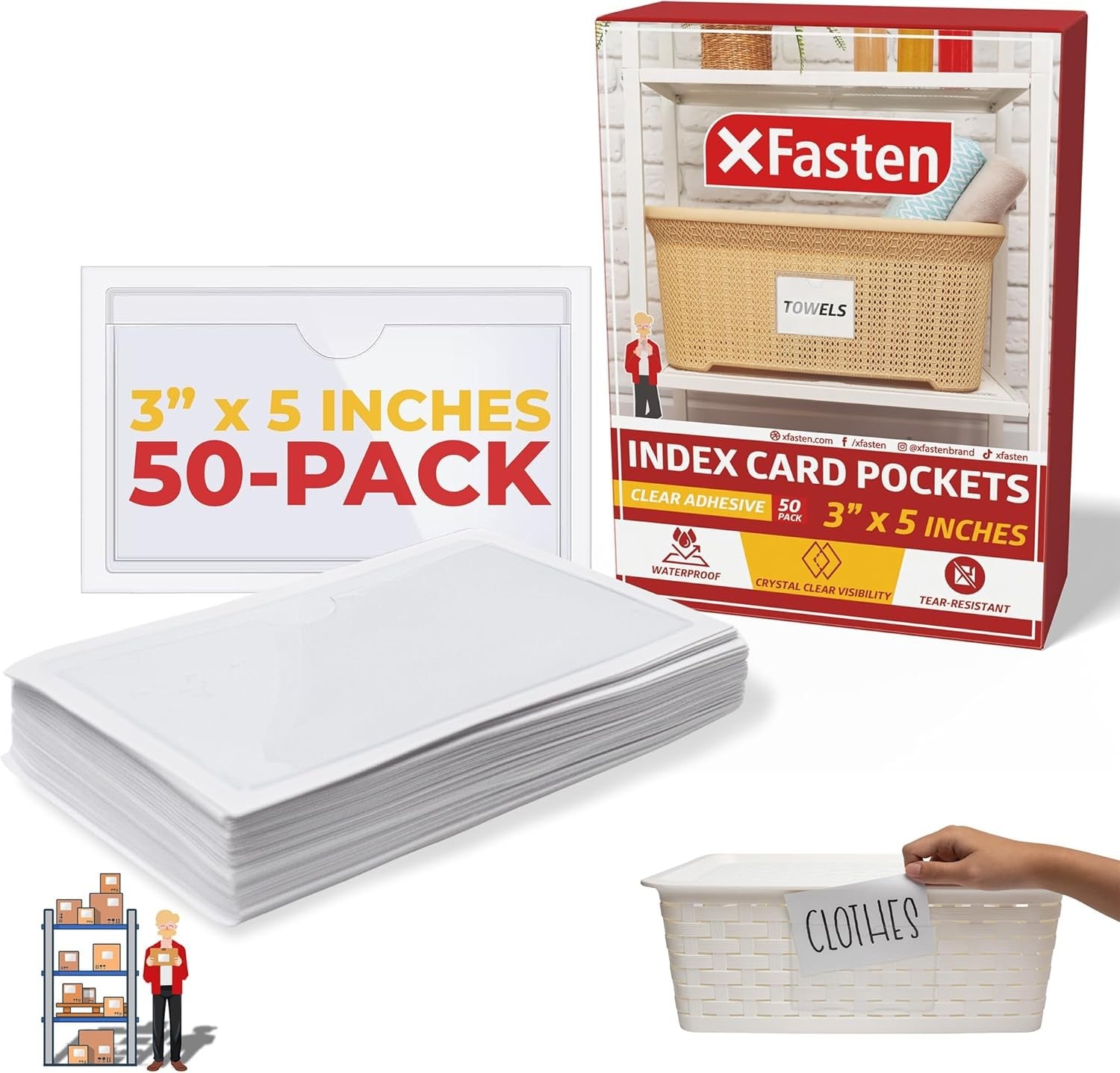 Clear Adhesive Pockets for Labels 3" x 5" 50Pack Self Adhesive Index Card Holder