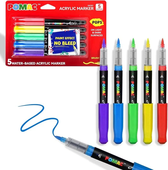 POMAC Acrylic Paint Markers Brush Tip, 5 Assorted Colors